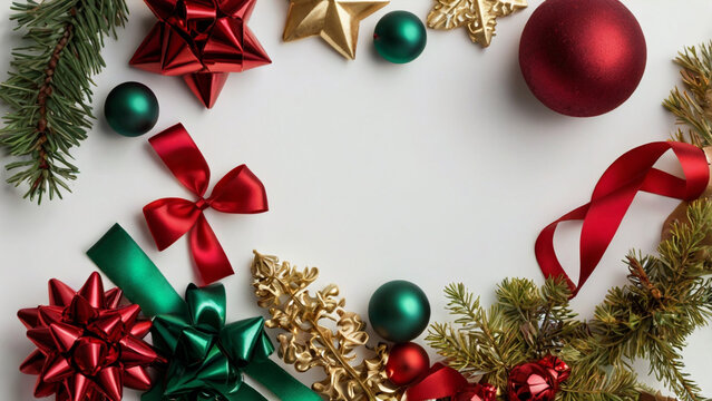 Festive christmas decoration isolated on white background, featuring ornaments, ribbons, and pine branches, perfect for holiday celebrations and adding a touch of festive cheer to any design
