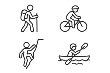 Outdoor activities line icon set. Hiking, biking, rock climbing, and kayaking symbols. Active lifestyle, adventure sports, and recreation concepts. Vector pictogram collection.