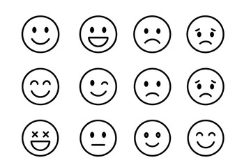Smile face icon set. Simple linear emoticon collection. Vector outline cartoon illustration of emotions. Happy, sad, neutral expressions. Editable stroke for web, apps.