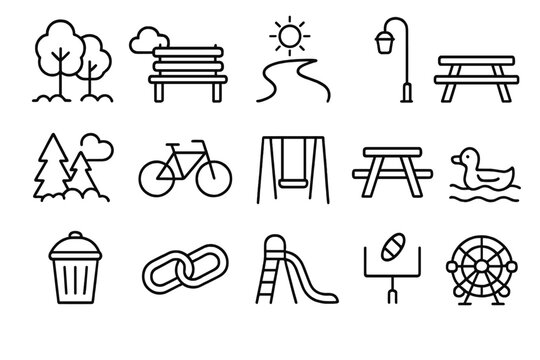 Park and recreation line icon set. Nature, outdoor activity, and urban park amenities symbols. Vector pictograms for playground, leisure, and city life. Simple outline graphics.