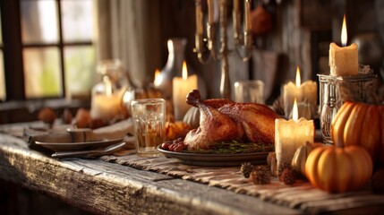 Obraz premium Thanksgiving Dinner Table with Pumpkins, Candles and Roasted Turkey