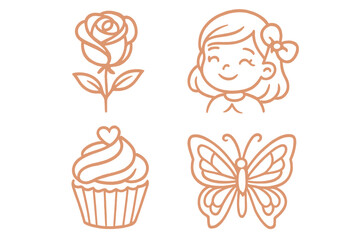 Rose gold line art icon set with girl, butterfly, flower, and cupcake. Cute feminine vector illustration collection for logo design, beauty branding, sticker, or nursery decor.