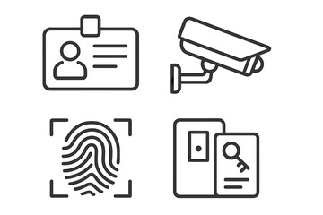 Security line icon set with identification badge, cctv camera, fingerprint scanner, and electronic door access. Vector icons for safety, surveillance, and identity verification.