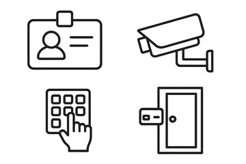 Security and access control line icon set. Concepts of identification, surveillance, and safety systems. Vector icons of ID badge, CCTV camera, pin code keypad, and door entry.