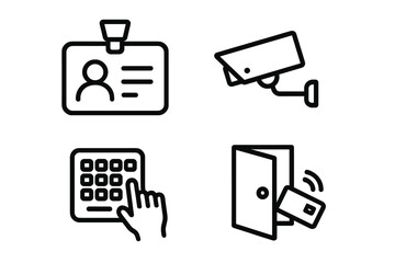 Security and access control line icon set. Vector icons for identification badge, CCTV surveillance camera, PIN code keypad, and electronic door entry card system concept.