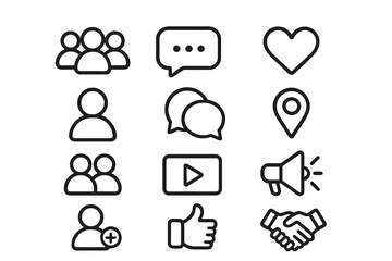 Social media line icon set for user interface design. Vector symbols for web and mobile app. People, community, chat, like, heart, location, video, and marketing icons.