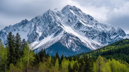 Fototapeta premium Majestic snow-covered mountain peak towering over lush green mixed forests under a cloudy sky in a pristine natural landscape scene