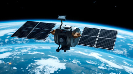 Advanced satellite orbiting Earth with solar panels and tracking signal