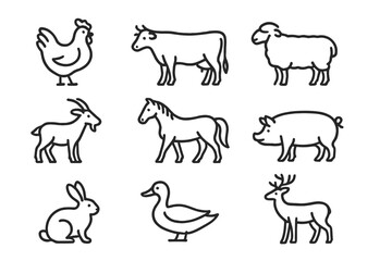 Farm animals illustrated in simple line art style featuring various domestic species in an artistic arrangement
