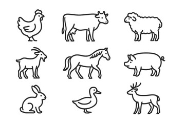 Farm animals illustrated in a simple, playful style, showcasing various species in a captivating arrangement