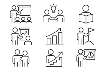 Illustrations showing various educational and teamwork concepts in a workshop setting focusing on communication and growth