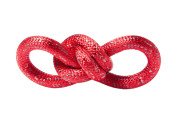 Red climbing rope tied in figure-eight knot on transparent background