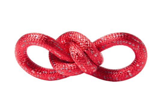 Red climbing rope tied in figure-eight knot on transparent background