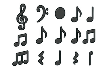 Obraz premium Music notes vector icon set. Collection of musical notation signs. Treble clef, bass clef, quaver, semiquaver. For score, melody, song, audio. Black 3D style cartoon.