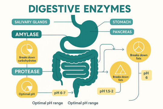 Digestive System Enzymes - Human Anatomy Illustration for Biology Education, 190 characters