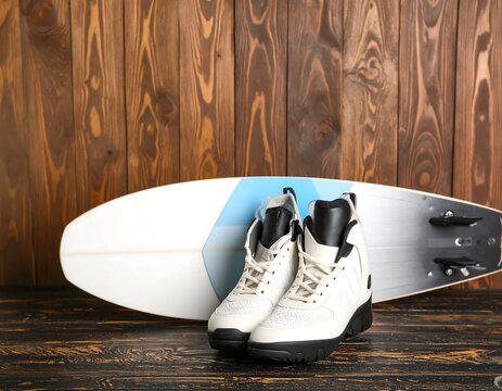 White water sports equipment on wooden background