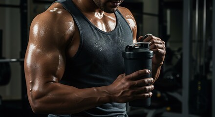 Muscular man covered in sweat holding a protein shaker bottle at the gym