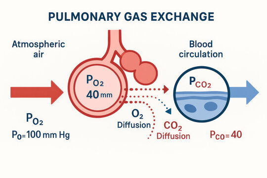 Pulmonary Gas Exchange Diagram, Illustration of Respiratory System, Educational Material [Illustration]