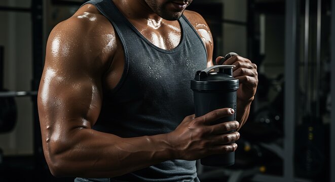 Muscular man covered in sweat holding a protein shaker bottle at the gym