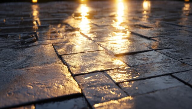 Wet paving stones reflecting golden light at dusk