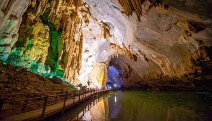 Underground Cave with Teal Glowworms and Stalactites