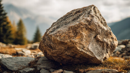 An isolated boulder resting on a rocky terrain amidst a scenic mountain landscape with a blurred background of trees and cloudy sky