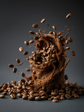 The coffee beans spin rotate quickly fast fly, dispart, splash to the sides with centrifugal coriolis force. The video is in reverse. Twist, create pattern, make design picture. Pressurized air wind.