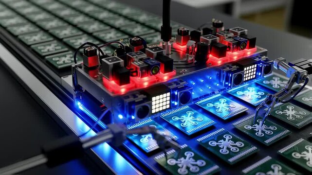 Topdown view of a drone swarm microcontroller batch passing through a flashing module integrated with sensors and robotic arms on a conveyor.