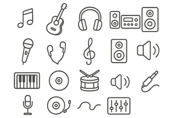 Fototapeta premium Various music-related icons representing instruments and audio equipment in a minimalist style
