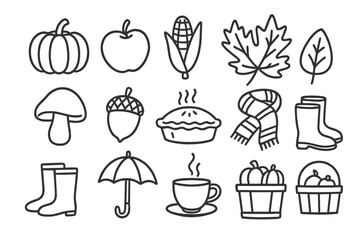 Fall harvest symbols with seasonal icons featuring produce, clothing items, and warm drinks