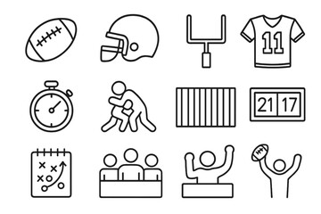Icons representing various aspects of American football, including players, equipment, scoring, and strategy on a simple background