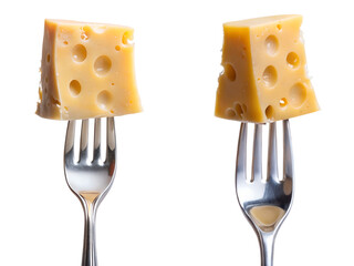 Cube of yellow swiss cheese with holes, pierced by fork, isolated on a transparent background