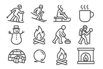 Winter activities including skiing, sledding, and cozying up by the fire in a snowy landscape