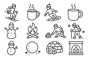 Skiing and snow activities depicted through simple line art, capturing winter fun and warmth