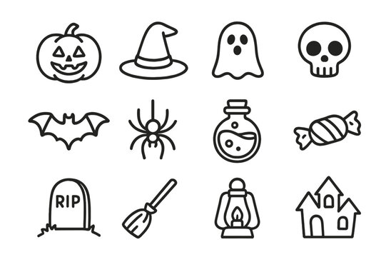 Halloween themed icons featuring pumpkin, ghost, skull, and spooky elements for festive decorations and celebrations