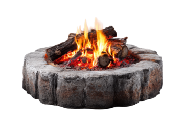 Stone Fire Pit with Burning Logs on Transparent Background