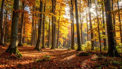 Obraz premium Sun-drenched autumn forest. Golden leaves blanket the forest floor