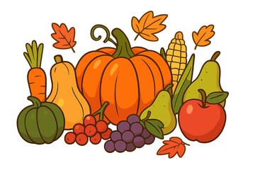 Autumn harvest festival illustration. Vector cartoon of fall vegetables and fruits. Pumpkin, corn, apple, grapes for Thanksgiving. Healthy organic food bounty on white background.