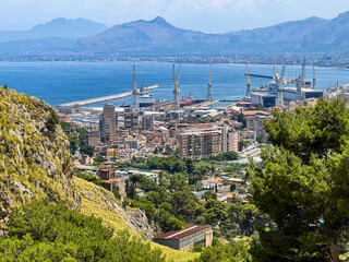 Panoramic view of Palermo, Italy, with a view from above of the cargo port