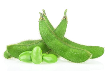 Fresh edamame soybeans and pods isolated on a white background. Green edamame beans, healthy food.