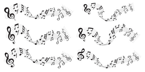 Music notes wave set, group musical notes abstract background. Circular frame with musical notes. Musical score featuring curving notes and treble clef floating icon vector set. Music notes icon set.