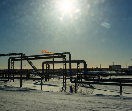 Nearby, the Samotlor oil field is the largest oil field in Russia and the 7th largest in the world. Gas pipeline in the tundra