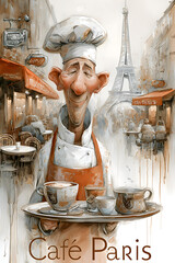 Charming Parisian chef serves coffee at Caf&eacute; Paris