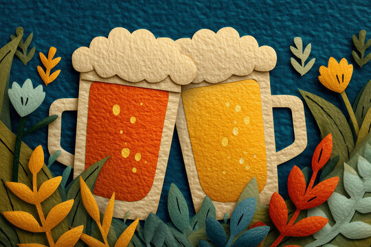 Cheerful beer mugs clinking in colorful leaves for International Beer Day