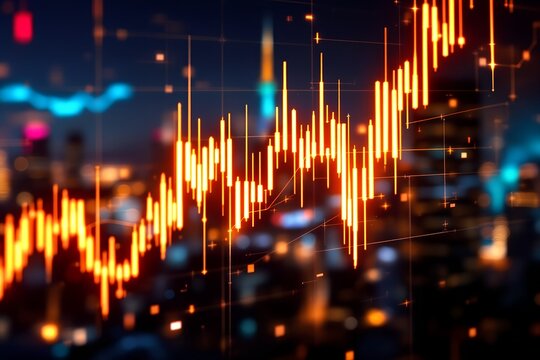 Dynamic glowing financial graph overlaying vibrant cityscape showing growth and investment opportunities in a modern global economy