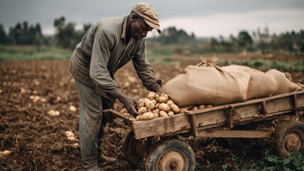 Obraz premium Farming with AI technology in a potato field during a cloudy day in rural landscape