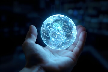 Visualize global connections with a glowing globe in hand, perfect for illustrating technology, innovation, and worldwide networks