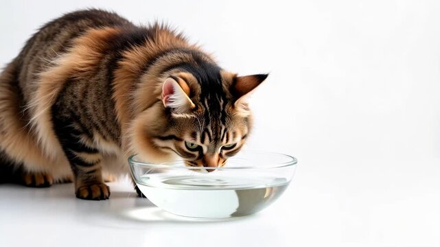 Fluffy cat drinking water from a glass bowl, capturing a moment of refreshment and calm