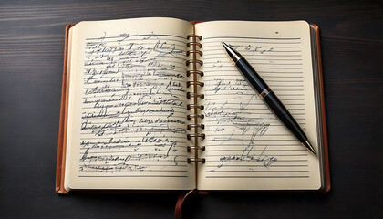 Open spiral notebook with handwritten notes and sketches, a pen rests elegantly on the page.  Perfect for concepts of creativity, journaling, ideas, planning, or education. High-quality image with a