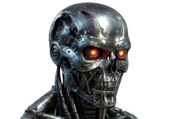 Robotic humanoid head featuring luminous crimson eyes, symbolizing cutting-edge ai technology, rendered against transparent backdrop